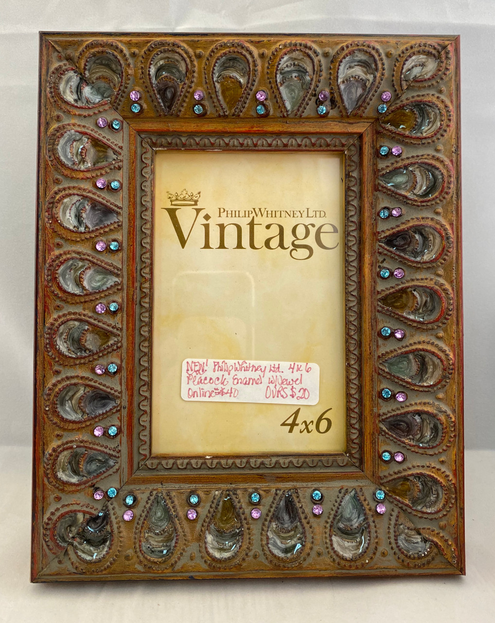 4X6" Antique Vintage Style Brass Crystals Enamel Jeweled Picture Frame 