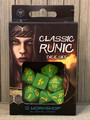 NEW IN BOX ©2019 Q WORKSHOP CLASSIC RUNIC GREEN AND YELLOW DICE SET OF 7