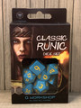 NEW IN BOX ©2019 Q WORKSHOP CLASSIC RUNIC BLUE AND YELLOW DICE SET OF 7