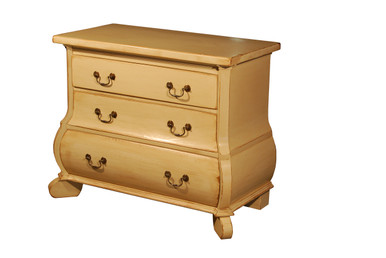 Small Bombay Chest of drawers in a distressed cream finish with swan neck handles.
