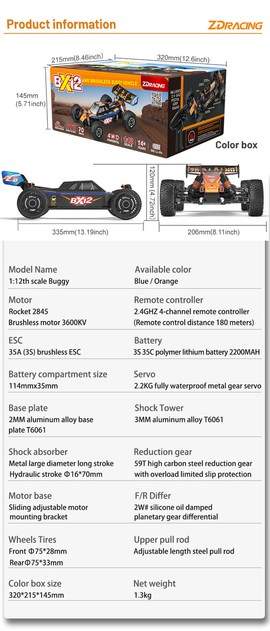 New Arrival ZD Racing 1/12 BX-12 4WD High Speed 70KM/H RC Buggy