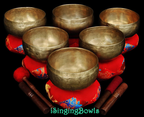 Antique Tibetan singing bowl set #49: Lotus ("Coprabati") (6 pc.)