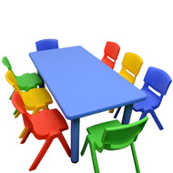 Kids Rectangle Blue Activity Table with 8 Mixed Coloured Chairs Set