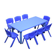 Kids Rectangle Blue Activity Table with 8 Blue Chairs Set