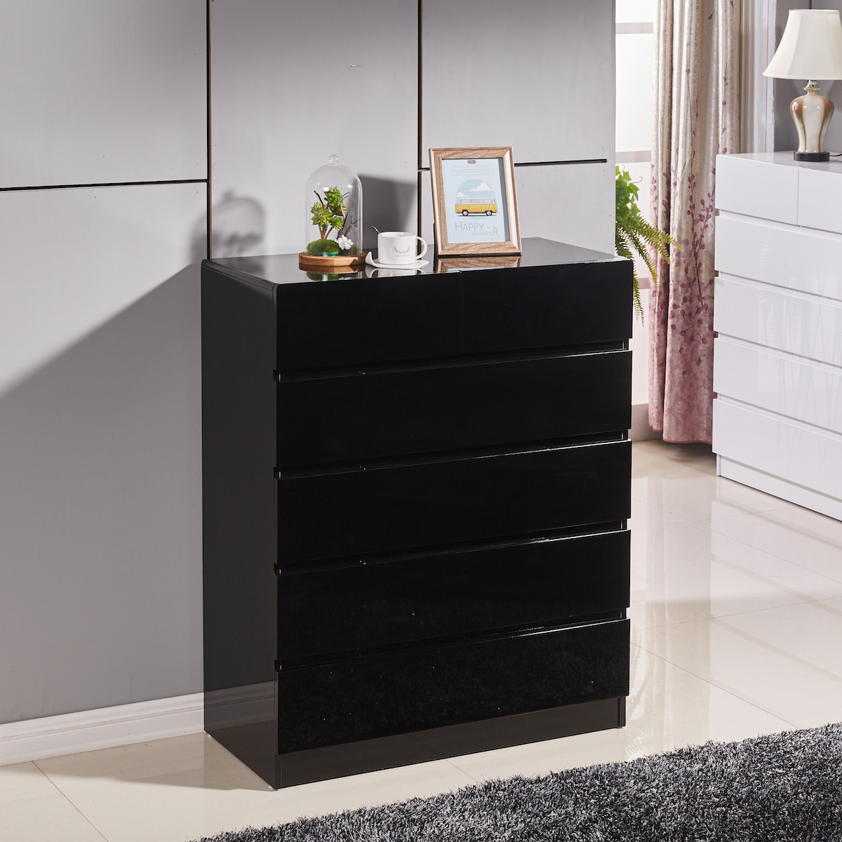 High Gloss Black Wooden Tallboy Chest 6 Drawer Cabinet Classic