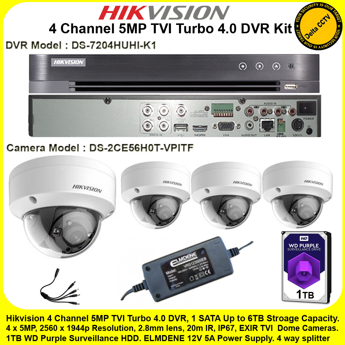 Hikvision 4 Channel 5mp Tvi Turbo 4 0 Dvr Ds 74huhi K1 Kit With 4 X 5mp 2 8mm Lens m Ir Exir Dome Camera Ds 2ce56h0t Vpitf 1tb Wd Purple Surveillance Hdd Hikvision 4 Channel 5mp Tvi Turbo 4 0 Dvr Ds 74huhi K1 Kit With 4 X 5mp 2 8mm Lens m Ir Exir Dome Camera Ds 2ce56h0t Vpitf 1tb Wd Purple Surveillance Hdd
