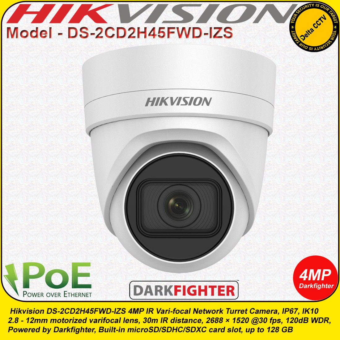 Hikvision 4MP 2.812mm motorized varifocal lens 30m IR Distance