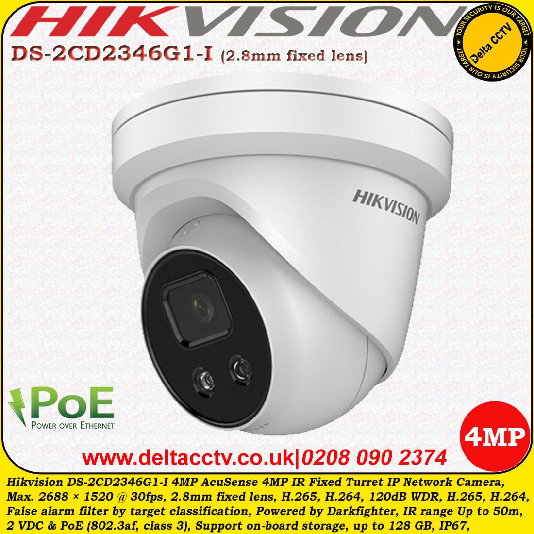 Hikvision DS-2CD2346G1-I 4MP 2.8mm Fixed Lens 50m IR AcuSense IP67 IP ...