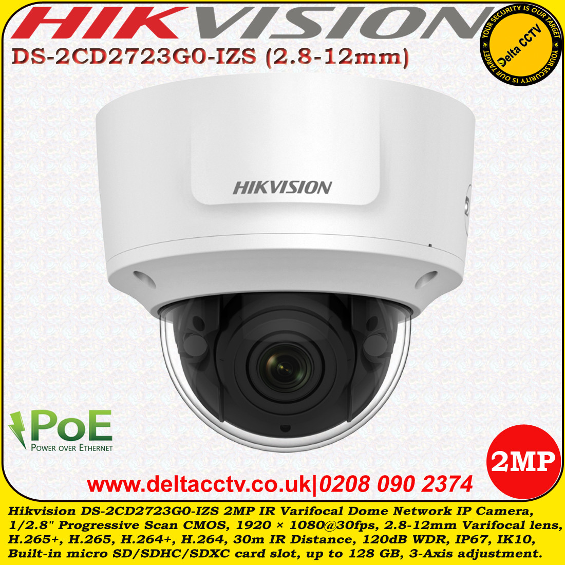 Hikvision Hikvision DS-2CD2723G0-IZS 2MP Motorised Zoom Dome Network Surveillance Camera 