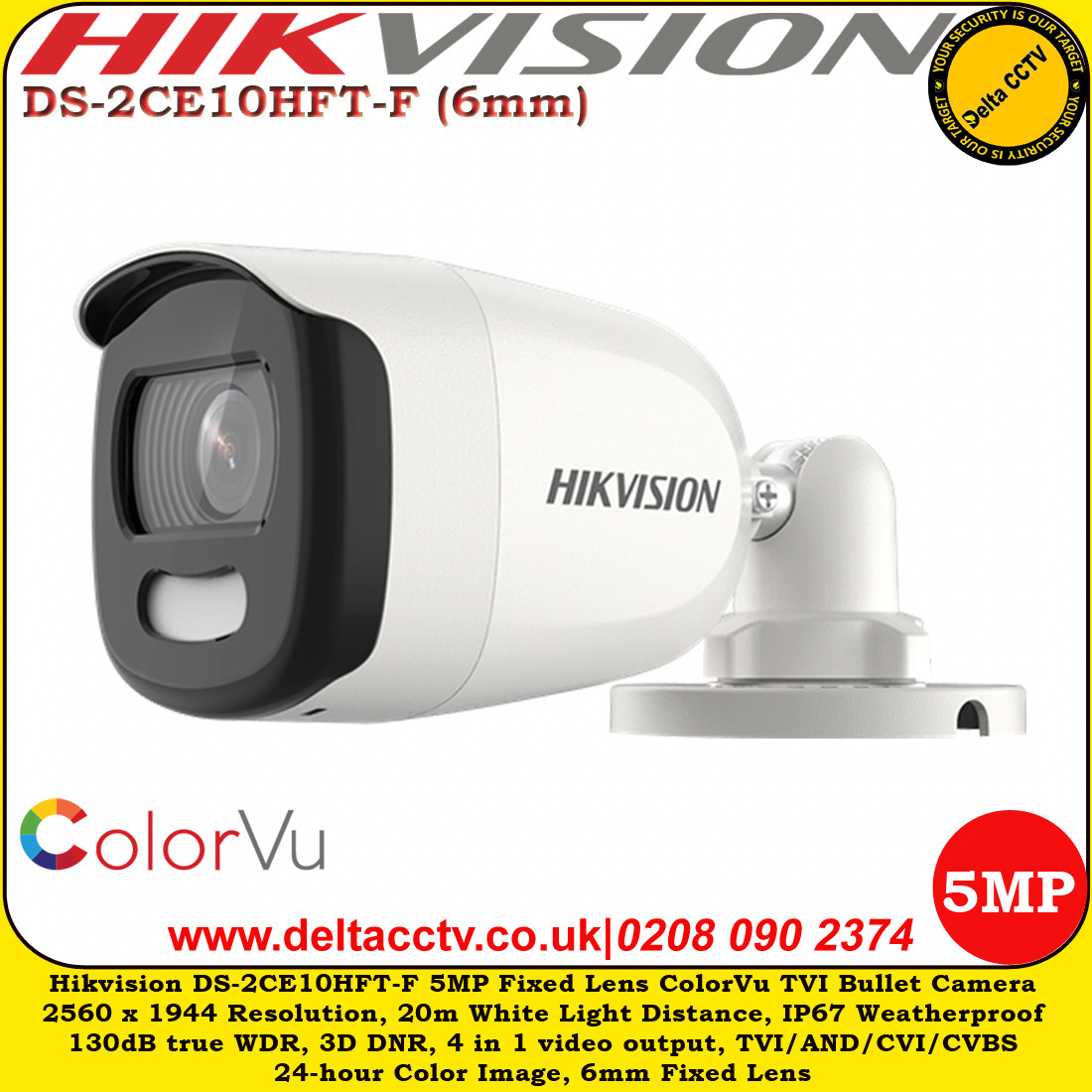 Hikvision DS2CE10HFTF 5MP 6mm fixed Lens IP67 Full Time Color 4 in 1
