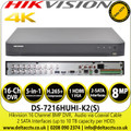 Hikvision - 16 Channel 8MP Audio Via Coaxial Cable DVR, HDTVI/AHD/CVI/CVBS/IP Video Input, 2 SATA Interface, H.265 Pro+/H.265 Pro/H.265 Video Compression - DS-7216HUHI-K2(S)