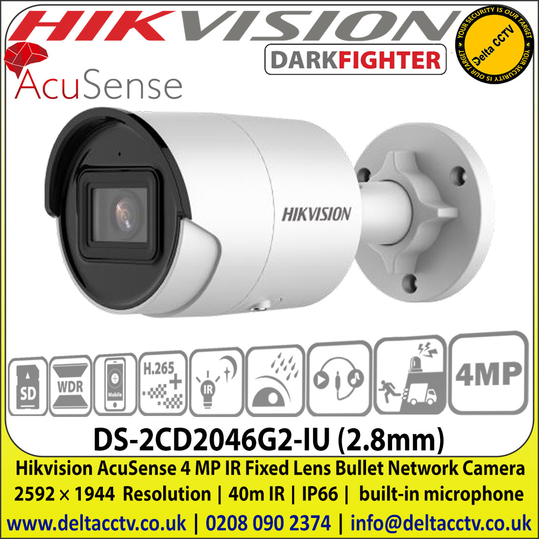 Hikvision DS-2CD2046G2-IU (2.8mm) AcuSense 4MP IR Fixed Lens Bullet ...