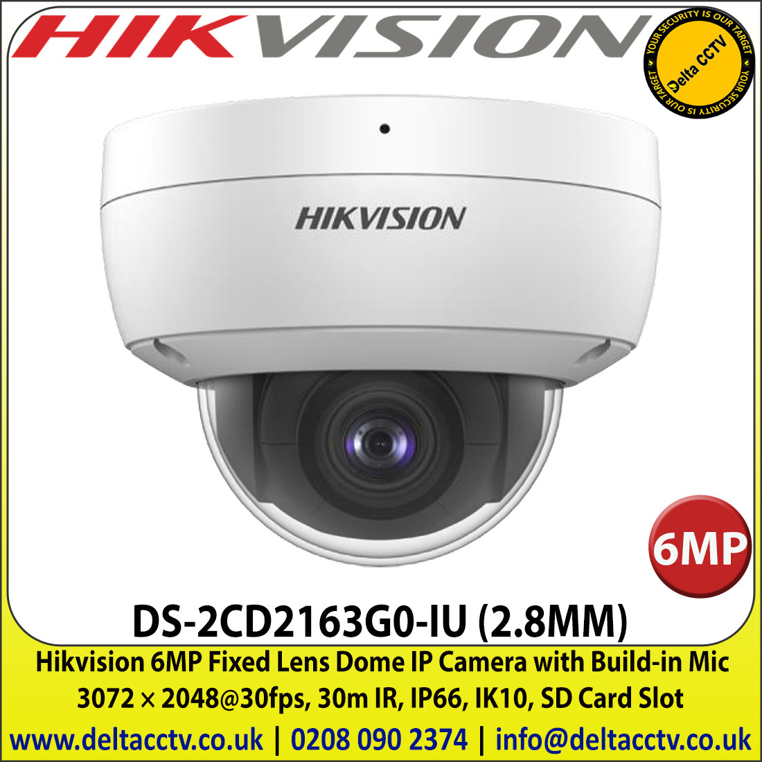 Hikvision DS-2CD2163G0-IU (2.8MM) 6MP Fixed Lens Dome IP Camera with ...