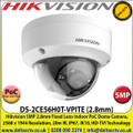 Hikvision - 5MP 2.8mm Fixed Lens Indoor HD-TVI PoC Dome Camera, 20m IR Distance, IP67 Weatherproof, Vandal Resistant Up to IK10, Digital WDR, Smart IR, EXIR, True Day/Night - DS-2CE56H0T-VPITE