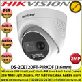 Hikvision - 2MP 3.6mm Fixed Lens ColorVu PIR Detection Turret Camera, 4-in-1 TVI/CVI/AHD/Analogue, 20m White Light Distance, IP67 Weatherproof, WDR, 24/7 Full Color Imaging, Built-in siren, Audible Alarm, Strobe Light Alarm- DS-2CE72DFT-PIRXOF