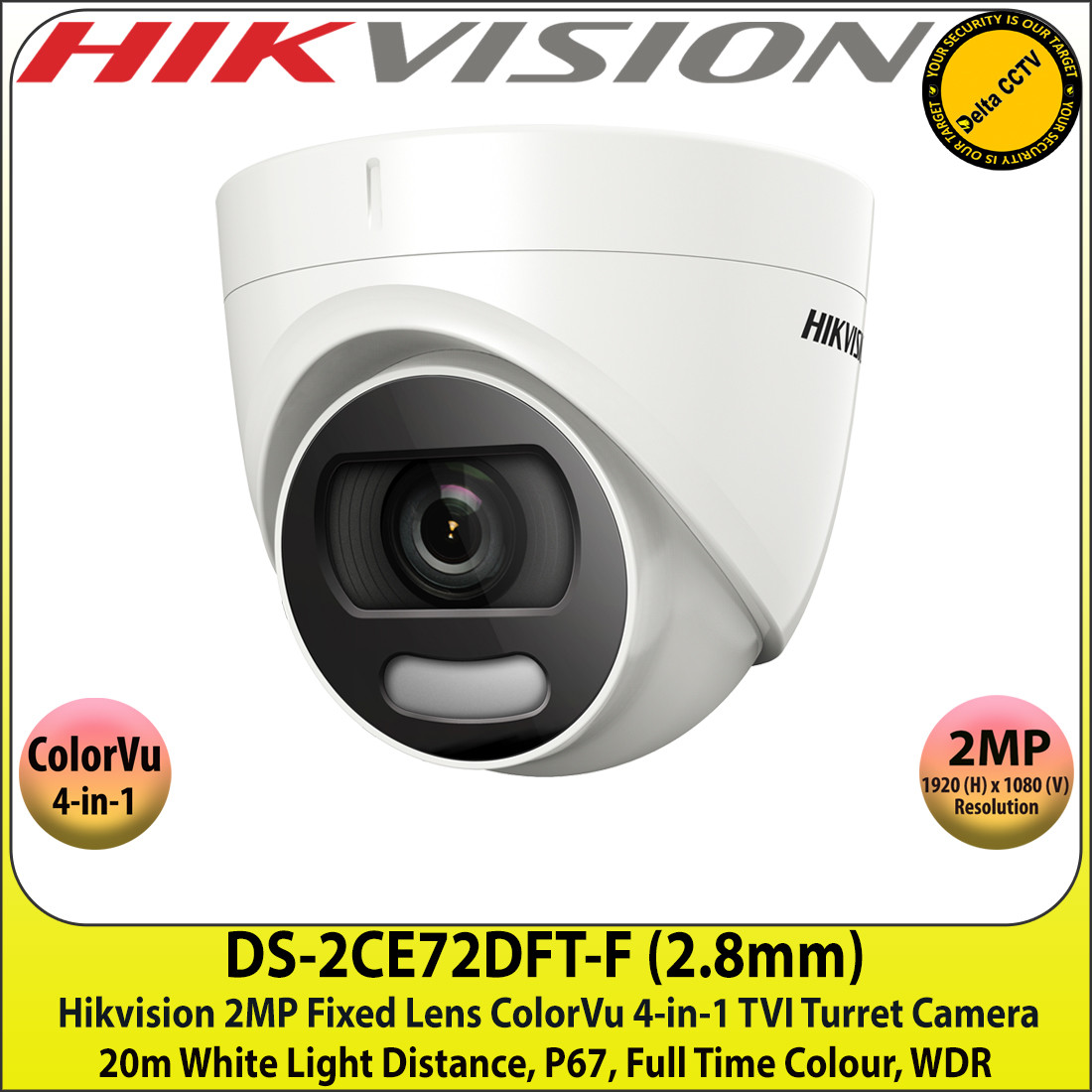 Hikvision 2MP Fixed Lens ColorVu Turret Camera, 4-in-1 TVI