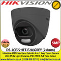 Hikvision - 5MP 2.8mm Fixed Lens ColorVu Grey Turret Camera, 4-in-1 TVI/CVI/AHD/Analogue, 20m White Light Distance, IP67 Weatherproof, WDR, 24/7 Full Color Imaging - DS-2CE72HFT-F28/GREY 