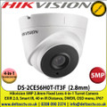 Hikvision - 5MP 2.8mm Fixed Lens 4-in-1 Turret Camera, Switchable TVI/AHD/CVI/CVBS, 40m IR Distance, IP67 Weatherproof, Smart IR, EXIR, True Day/Night - DS-2CE56H0T-IT3F