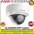 Hikvision - 5MP 2.8mm Fixed Lens 4-in-1 Dome Camera, Switchable TVI/AHD/CVI/CVBS, 20m IR Distance, IP67 Weatherproof, IK10, EXIR, Smart IR, True Day/Night - DS-2CE56H0T-VPITF