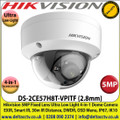 Hikvision - 5MP 2.8mm Fixed Lens Ultra Low Light 4-in-1 Dome Camera, Switchable TVI/AHD/CVI/CVBS, 30m IR Distance, IP67 Weatherproof, IK10, EXIR, Smart IR, True Day/Night - DS-2CE57H8T-VPITF