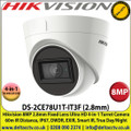 Hikvision - 8MP 4K 2.8mm Fixed Lens Turret Camera, 4-in-1 TVI/CVI/AHD/Analogue, 60m IR Distance, IP67 Weatherproof, DWDR, EXIR, Smart IR, True Day/Night - DS-2CE78U1T-IT3F