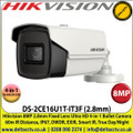 Hikvision - 8MP 4K 2.8mm Fixed Lens Bullet Camera, 4-in-1 TVI/CVI/AHD/Analogue, 60m IR Distance, IP67 Weatherproof, DWDR, EXIR, Smart IR, True Day/Night - DS-2CE16U1T-IT3F