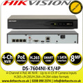 Hikvision DS-7604NI-K1/4P 4 Channel NVR with 8 MP Resolution, 4 Power-over-Ethernet (PoE) Interfaces,  1 SATA Interface, HDMI and VGA Output, Supports Decoding H.265+/H.265/H.264+/H.264 Video Formats