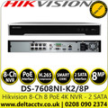 Hikvision - 8 Channel NVR with 8 MP Resolution, 8 Power-over-Ethernet (PoE) Interfaces, 2 SATA Interface, HDMI and VGA Output, Supports Decoding H.265+/H.265/H.264+/H.264 Video Formats - DS-7608NI-K2/8P