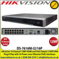 Hikvision - 16 Channel NVR with 12 MP Resolution, 16 Power-over-Ethernet (PoE) Interfaces, 2 SATA Interface, HDMI and VGA Output, Supports H.265/H.264/MPEG4 Video Formats- DS-7616NI-I2/16P