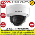 Hikvision - 4MP 2.8mm Fixed Lens Darkfighter PoE IP Network Indoor Dome Camera, 30m IR Distance, IP67 Weatherproof, WDR, H.265+ Compression, Built-in micro SD/SDHC/SDXC Card Slot, IK10 - DS-2CD2145FWD-I 