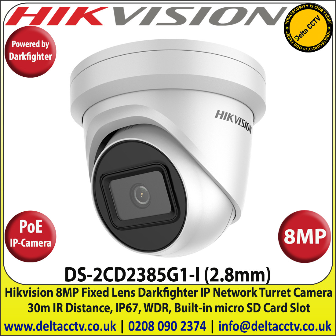 Hikvision - 8MP 2.8mm Fixed Lens Darkfighter PoE IP Network Turret