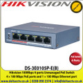 Hikvision - 4 Port Fast Ethernet Unmanaged POE Switch, 4 × 100 Mbps PoE ports and 1 × 100 Mbps Ethernet port - DS-3E0105P-E(B)