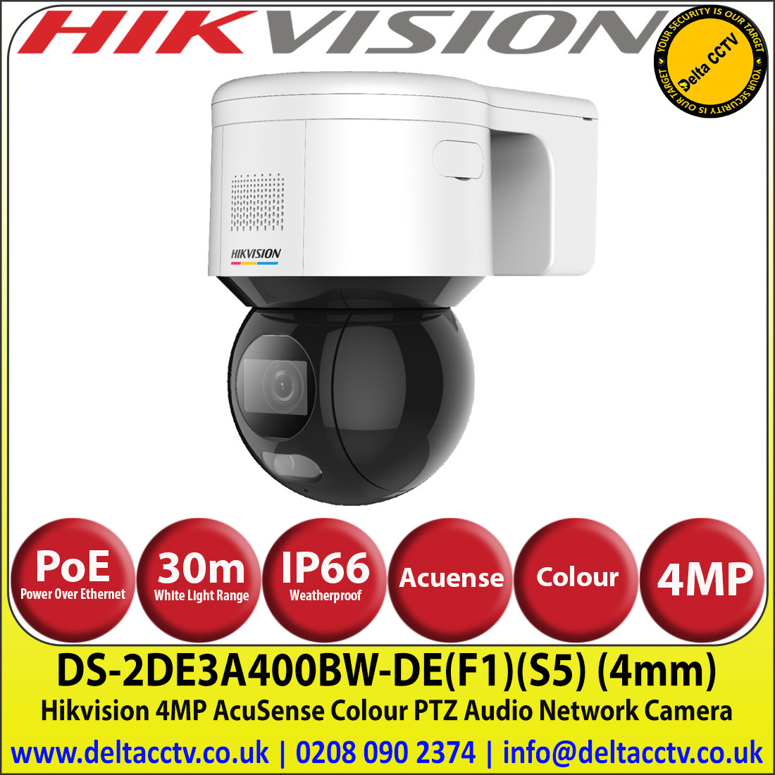 Hikvision Ds 2de3a400bw De F1 S5 4mp 4mm Fixed Lens Acusense Colour Ptz Ip Poe Network Cctv Camera 30m White Light Range Ip66 Wdr H 265 Supports On Board Storage Face Capture Built In Microphone And Speaker