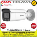 Hikvision 2 MP 2.8mm Fixed Lens ColorVu Audio IP PoE Network Bullet Camera, 60m Whit Light Range, IP67 Weatherproof, 120 dB WDR, 24/7 colorful imaging, H.265+ compression, Built-in micro SD/SDHC/SDXC Card Slot- DS-2CD2T27G2-L 