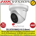 Hikvision 8MP 2.8mm Fixed Lens AcuSense Darkfighter IP PoE Turret Network Camera, 30m IR Distance, IP67 Weatherproof, 120dB WDR, H.265+ Compression, Face Capture, Built in Microphone - DS-2CD2386G2-IU 