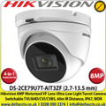 Hikvision  8MP/4K 2.7-13.5mm Motorized Varifocal Lens Ultra-Low Light 4-in-1 Turret Camera, 60m IR Distance, IP67 Weatherproof, 130dB WDR, Auto Focus, Smart IR, 3D DNR - DS-2CE79U7T-AIT3ZF 