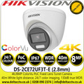 Hikvision 4K 8MP ColorVu PoC Fixed Lens 24/7 color imaging  Outdoor Turret CCTV Camera with 40m White light distance - DS-2CE72UF3T-E (2.8mm)