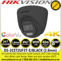 Hikvision DS-2CE72UF3T-E/Black 8MP ColorVu PoC 2.8mm Fixed Lens Outdoor Turret 4K Camera with 40m White Light Range, 24/7 Color Imaging 