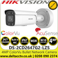 Hikvision 4MP Motorized Varifocal Bullet Network PoE Camera - ColorVu - AcuSense - Built-in microphone - 60m White Light Range - DS-2CD2647G2-LZS (3.6-9mm)