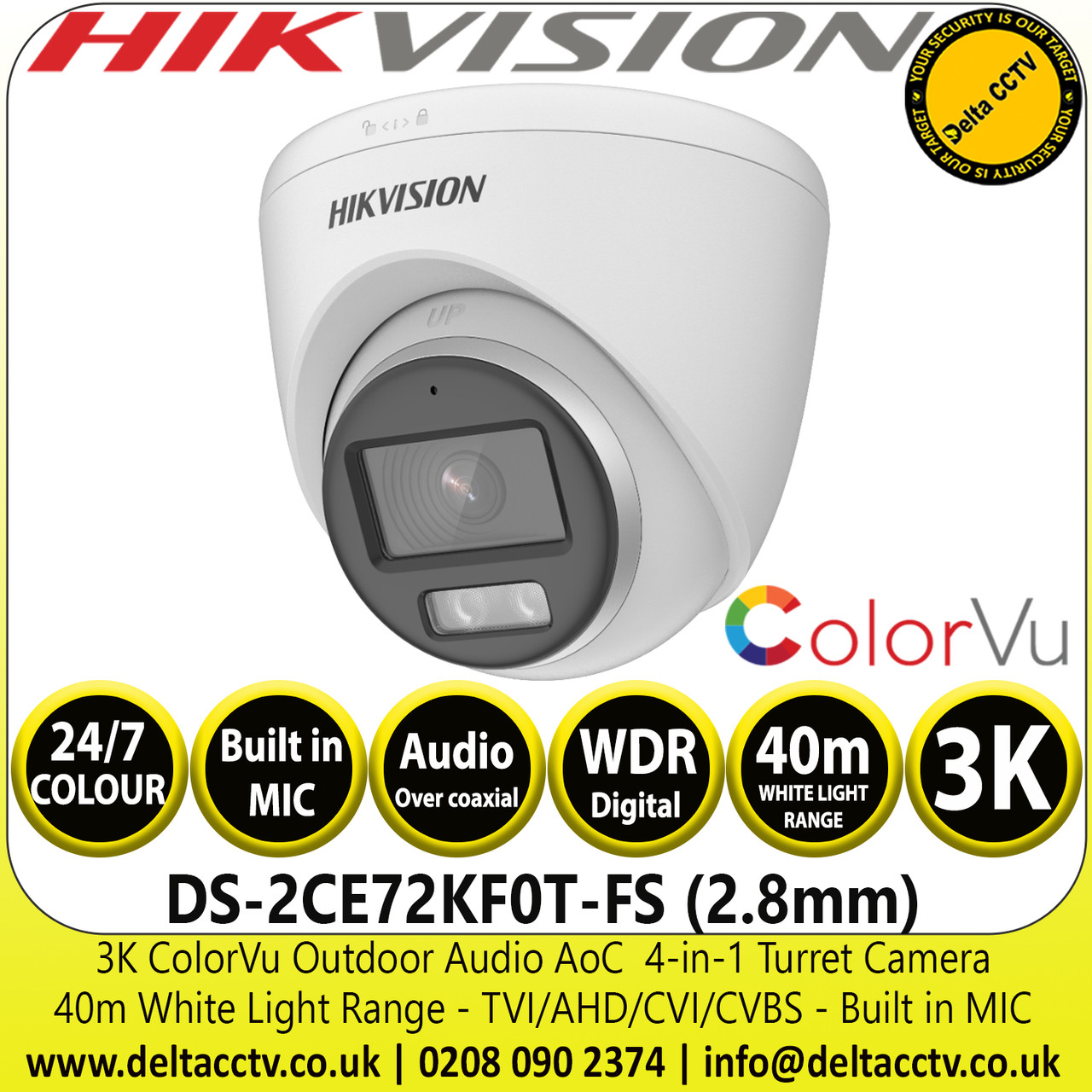 HIKVISION COLORVU 3K CCTV 6MP DS-2CE72KF0T-FS AUDIO CAMERA 6 