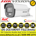 Hikvision 3K ColorVu Outdoor Audio AoC TVI/AHD/CVI/CVBS Bullet Camera - 2.8mm lens - 40m IR White Light Range - DS-2CE10KF0T-FS
