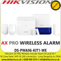 Hikvision DS-PWA96-KIT1-WE AX Pro Wireless Intruder Alarm M Level Kit 1 - Kit Included - DS-PWA96-M-WE x 1, DS-PKF1-WE x 2, DS-PS1-E-WE (Blue) x 1, DS-PDP15P-EG2-WE x 2, DS-PDMC-EG2-WE x 1