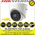 8MP 4K Outdoor TVI Camera - Hikvision Turret TVI Camera - 3.6mm Fixed Lens - 60m IR Range  - DS-2CE78U1T-IT3F (3.6mm)