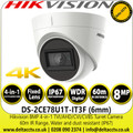 Hikvision TVI Camera with 8MP Resolution - 6mm Lens - 60m IR Range - IP67 - Digital WDR - Nightvision - DS-2CE78U1T-IT3F(6mm)