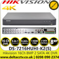 Hikvision 16 Channel 8MP Audio Via Coaxial Cable DVR, HDTVI/AHD/CVI/CVBS/IP Video Input, 2 SATA Interface, H.265 Pro+/H.265 Pro/H.265 Video Compression - DS-7216HUHI-K2(S)