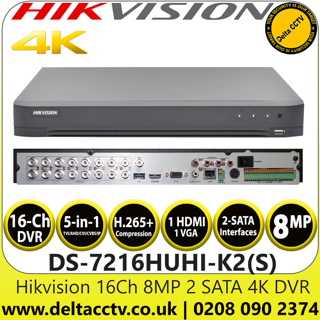 Hikvision DS-7216HUHI-K2(S) 16 Channel DVR 8MP Audio Via Coaxial