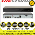 DS-7604NI-K1/4P Hikvision 4 Channel 4 PoE Ports 4K 4Ch NVR - 1 SATA Interface 