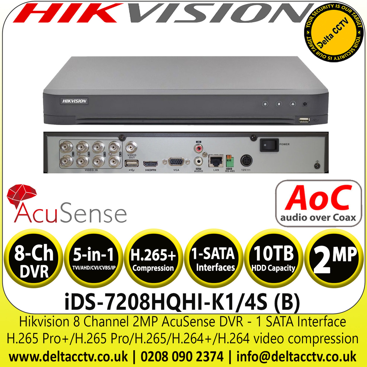 Hikvision 8 Channel AoC AcuSense DVR - 1 SATA - IDS-7208HQHI-K1/4S(B)