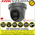 Hikvision 4MP Outdoor ColorVu Turret Grey Network IP Camera with 30m White Light Range , IP67, WDR, 6mm Fixed Lens, 24/7 Colorful Imaging - DS-2CD2347G2-LU/Grey (6mm)