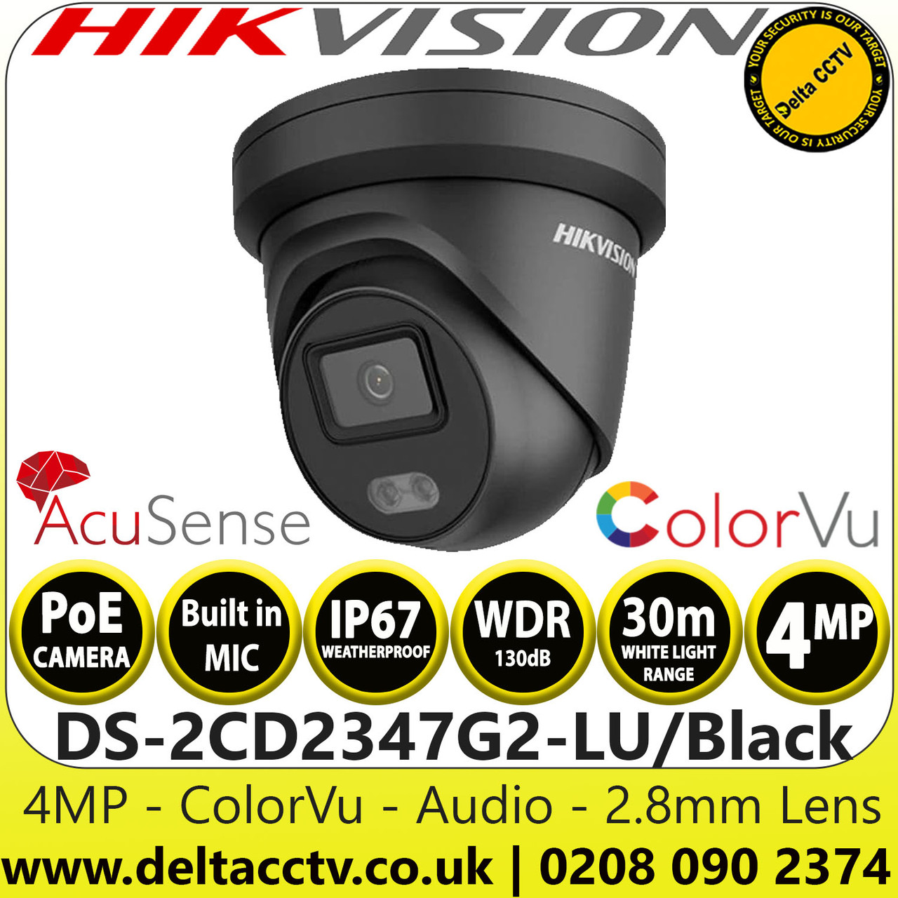 Hikvision DS-2CD2347G2-LU(2.8mm) (Black) 4MP ColorVu Outdoor Turret ...